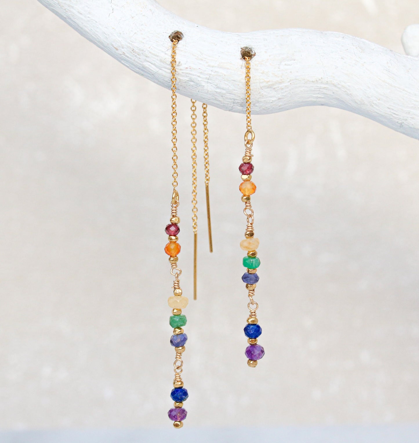 Handmade Rainbow Gemstone Threader Earrings: 14k Gold Fill