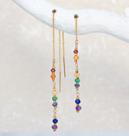 Handmade Rainbow Gemstone Threader Earrings: 14k Gold Fill