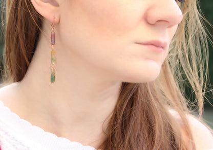 Handmade Indian Agate Rose Gold Fill Dangle Earrings: Watermelon Shades