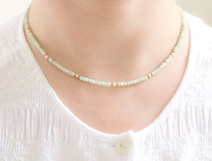Faceted Pale Green Opal Necklace: Karen Hill Tribe Gold Beads, Adjustable