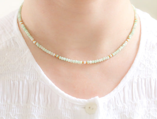 Faceted Pale Green Opal Necklace: Karen Hill Tribe Gold Beads, Adjustable