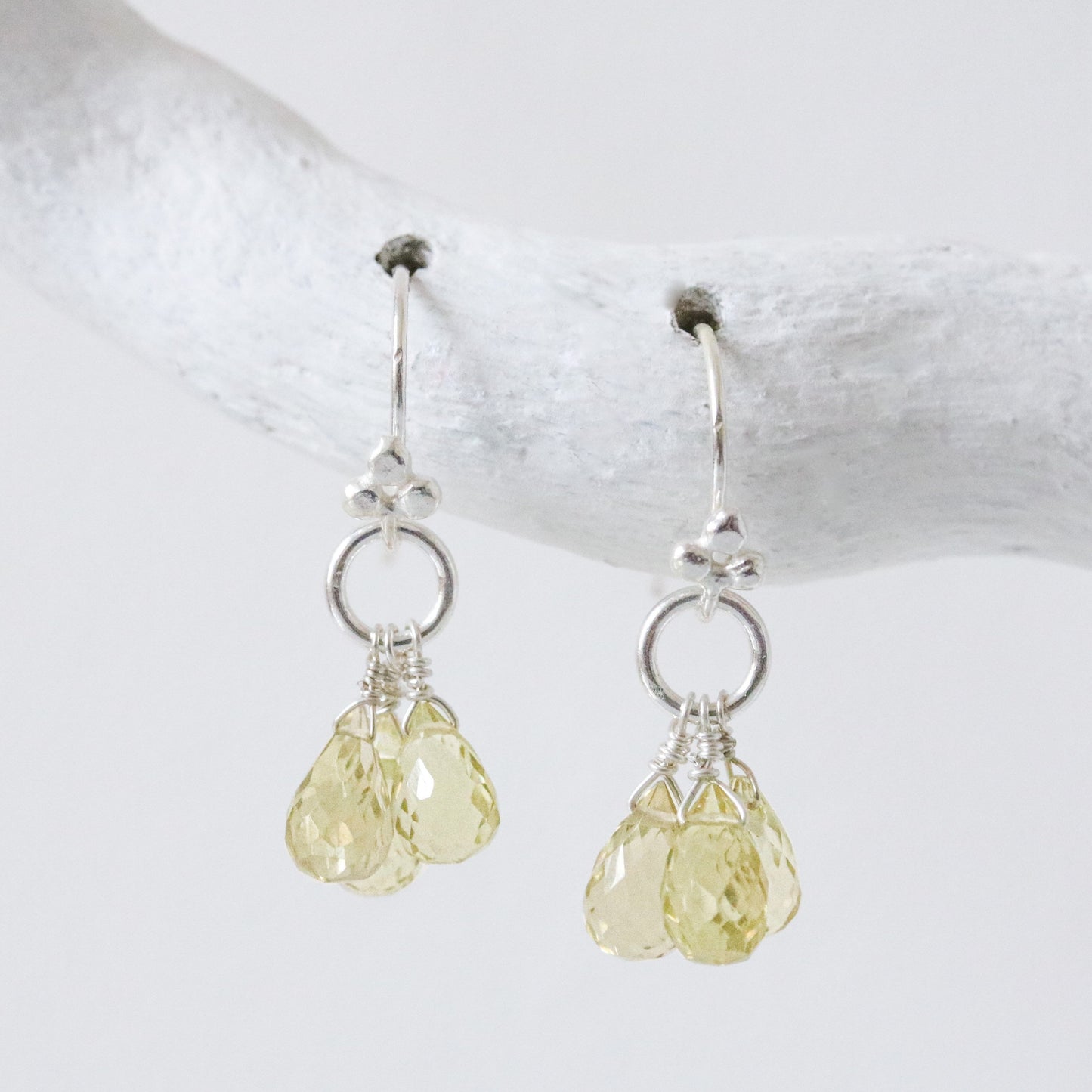 Handmade Olive Quartz Sterling Silver Drop Earrings - French Design
