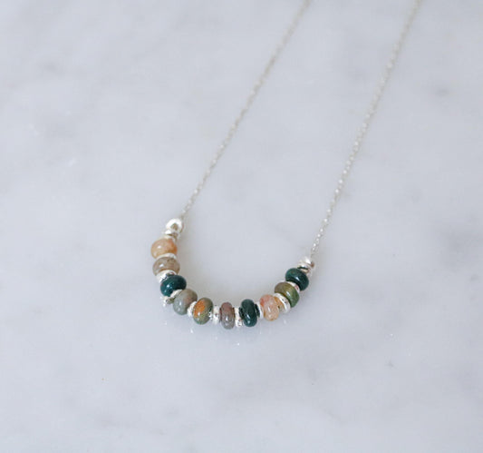 Indian Agate Sterling Silver Rondelle Necklace with Extender Chain