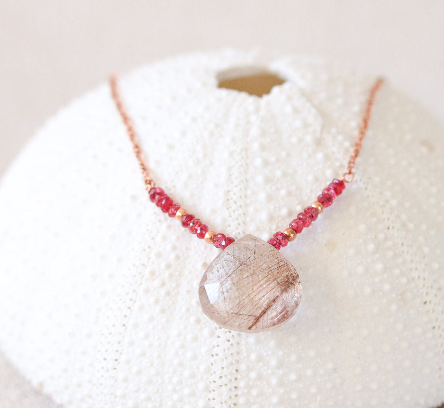 Handmade Rose Gold Rutilated Quartz Necklace: Red Spinel & Karen Hill Tribe Beads