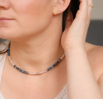 Rose Quartz Sapphire Heishi Necklace: Rose Gold Surfer Choker