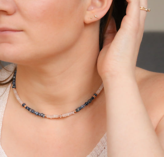 Rose Quartz Sapphire Heishi Necklace: Rose Gold Surfer Choker