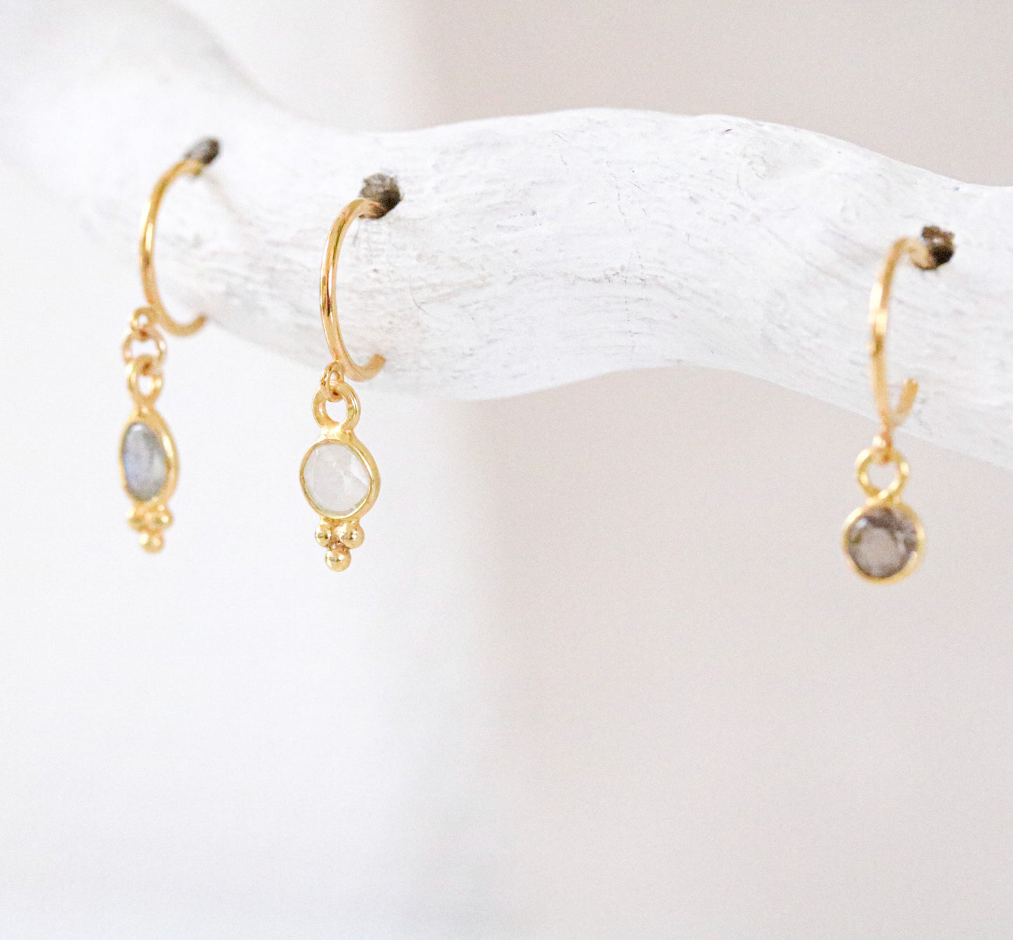 Moonstone, Labradorite & Smoky Quartz Gold Vermeil Huggie Hoop Earrings