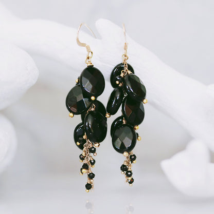 Handmade Gold Filled Black Onyx Agate Cluster Earrings