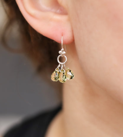 Handmade Olive Quartz Sterling Silver Drop Earrings - French Design
