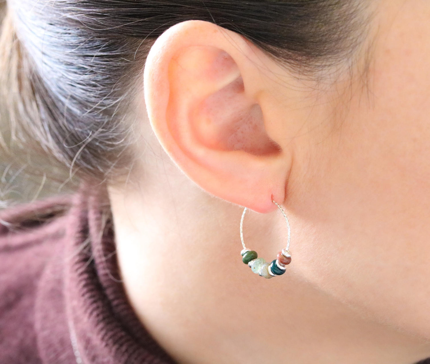 Handmade Indian Agate Sterling Silver Hoop Earrings
