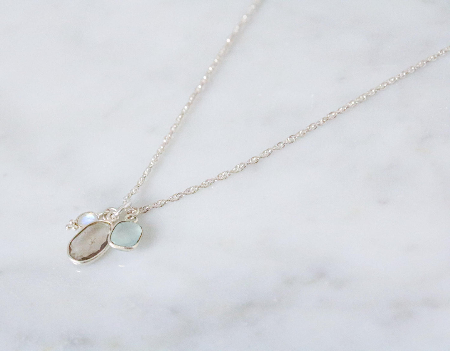 Moonstone, Quartz & Chalcedony Solid Silver Charm Necklace