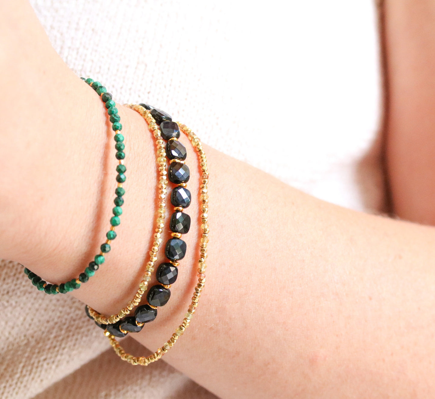 Handmade Faceted Malachite Bracelet: Gold Karen Hill Tribe Beads