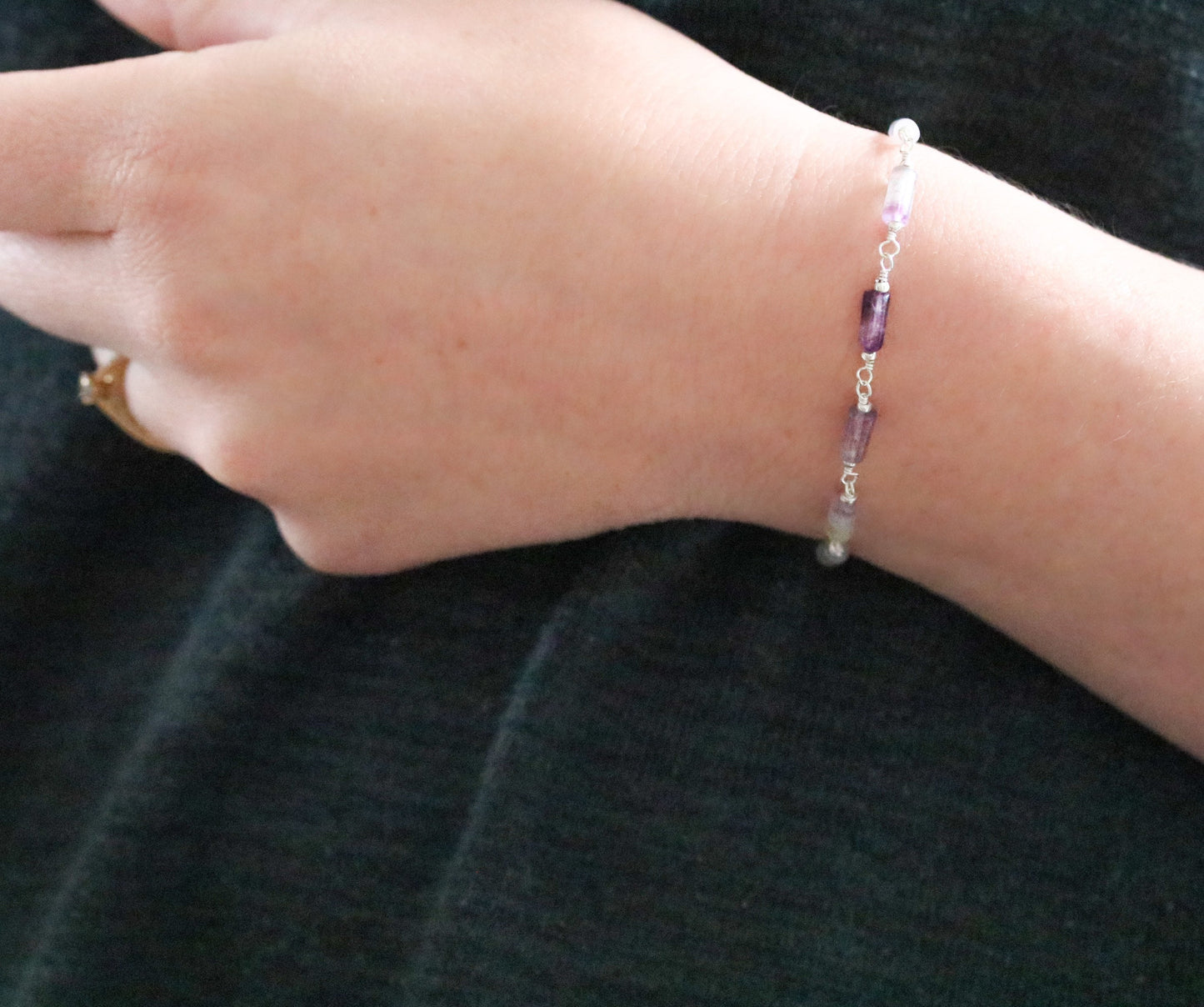 Fluorite Bracelet: Purple & Green Gemstone, Solid Silver Chain