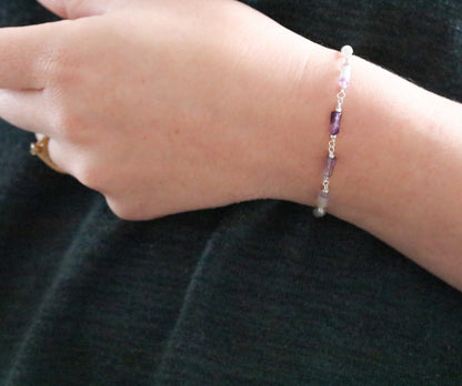 Fluorite Bracelet: Purple & Green Gemstone, Solid Silver Chain