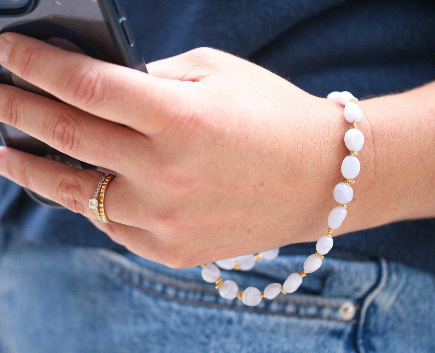 Lace Agate Phone Charm: Gold Vermeil Beaded Wrist Strap, Handmade in France