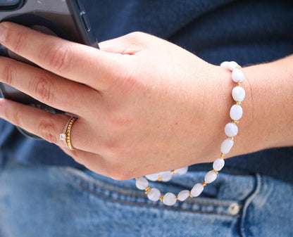 Lace Agate Phone Charm: Gold Vermeil Beaded Wrist Strap, Handmade in France