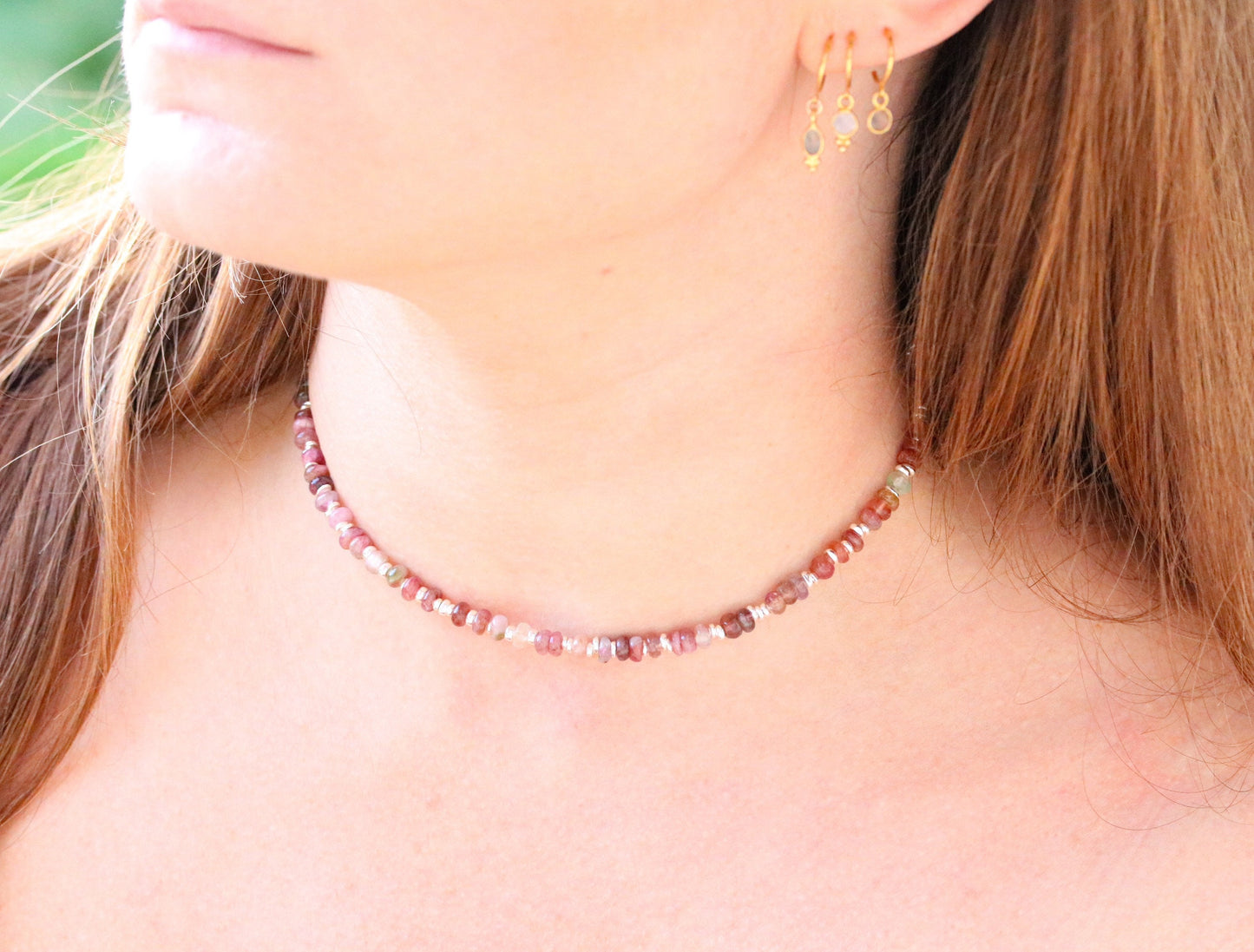 Pink Tourmaline Heishi Necklace: Sterling Silver Surfer Choker