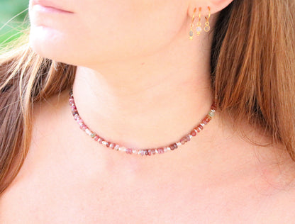 Pink Tourmaline Heishi Necklace: Sterling Silver Surfer Choker