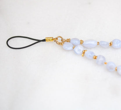 Lace Agate Phone Charm: Gold Vermeil Beaded Wrist Strap, Handmade in France