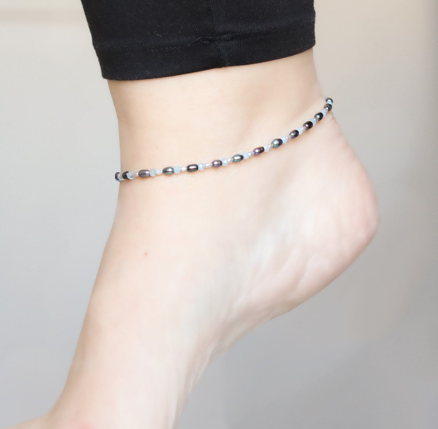 Handmade Pearl & Aquamarine Anklet: Silver Feather Charm