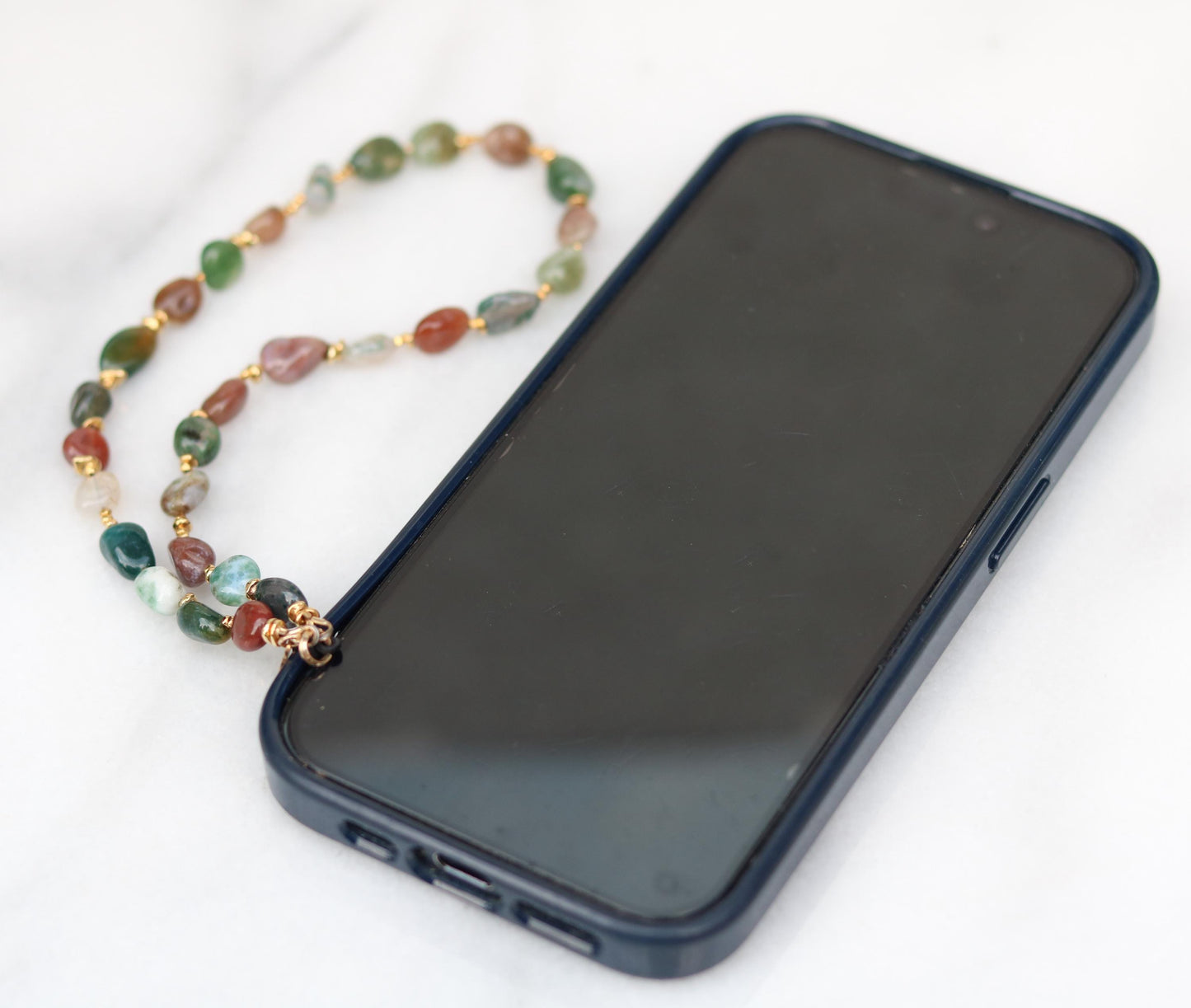 Indian Agate Phone Charm: Gold Vermeil Beaded Phone Lanyard, Handmade in France