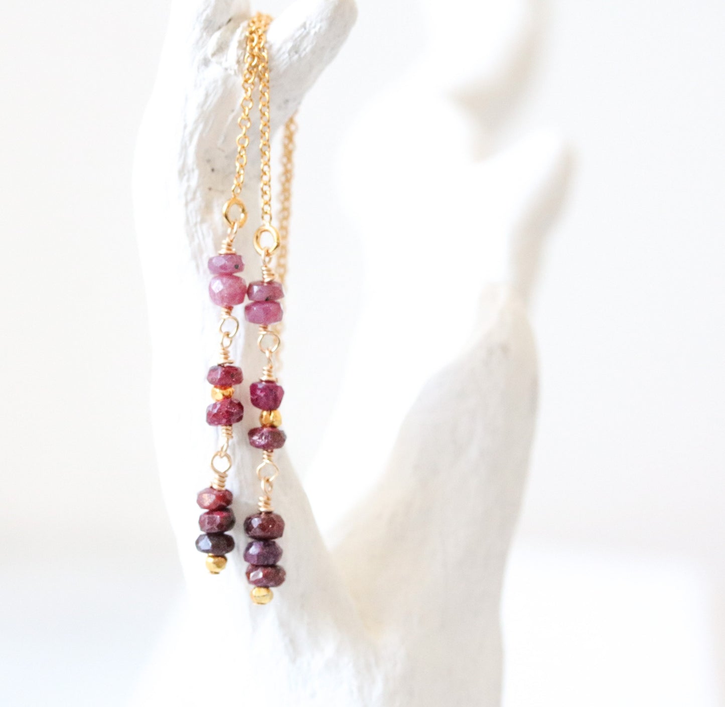 Handmade Ruby Threader Earrings: July Birthstone, Gold Fill Jewelry