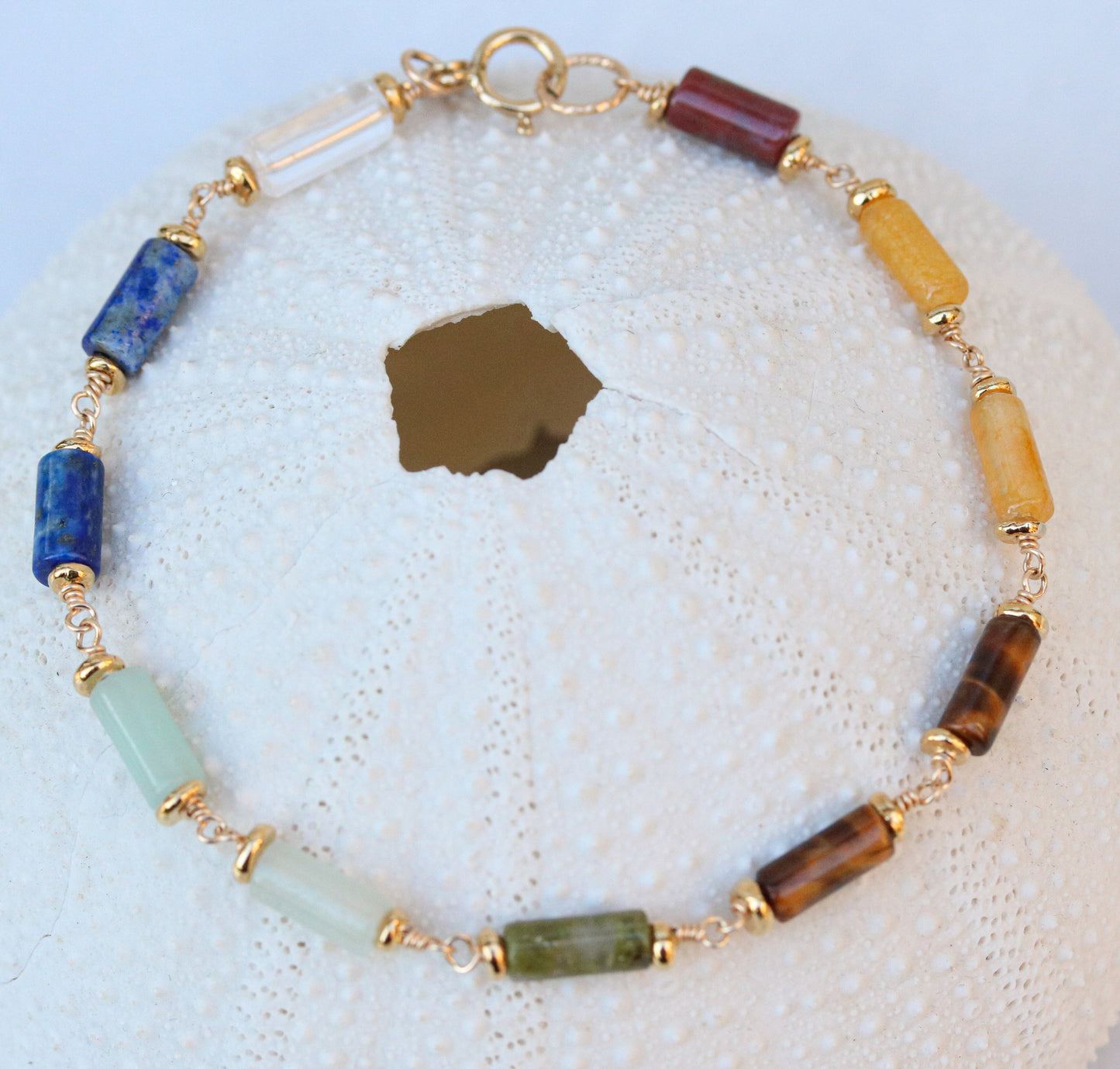 7 Chakra Gemstone Bracelet: Gold Fill Chain, Karen Hill Tribe Beads