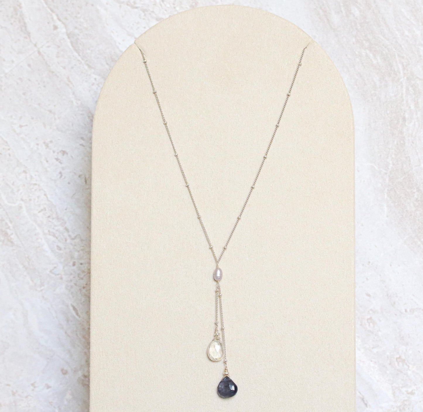 Iolite & Quartz Lariat Necklace: Solid Silver Gemstone Jewelry
