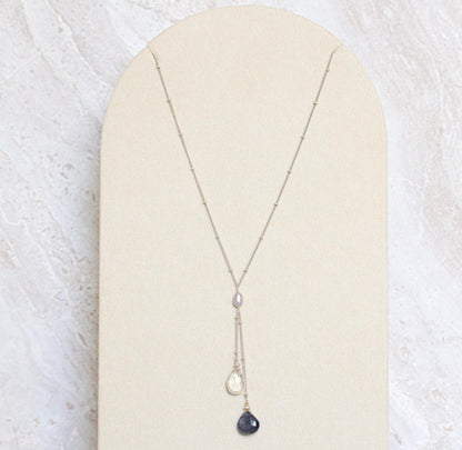 Iolite & Quartz Lariat Necklace: Solid Silver Gemstone Jewelry