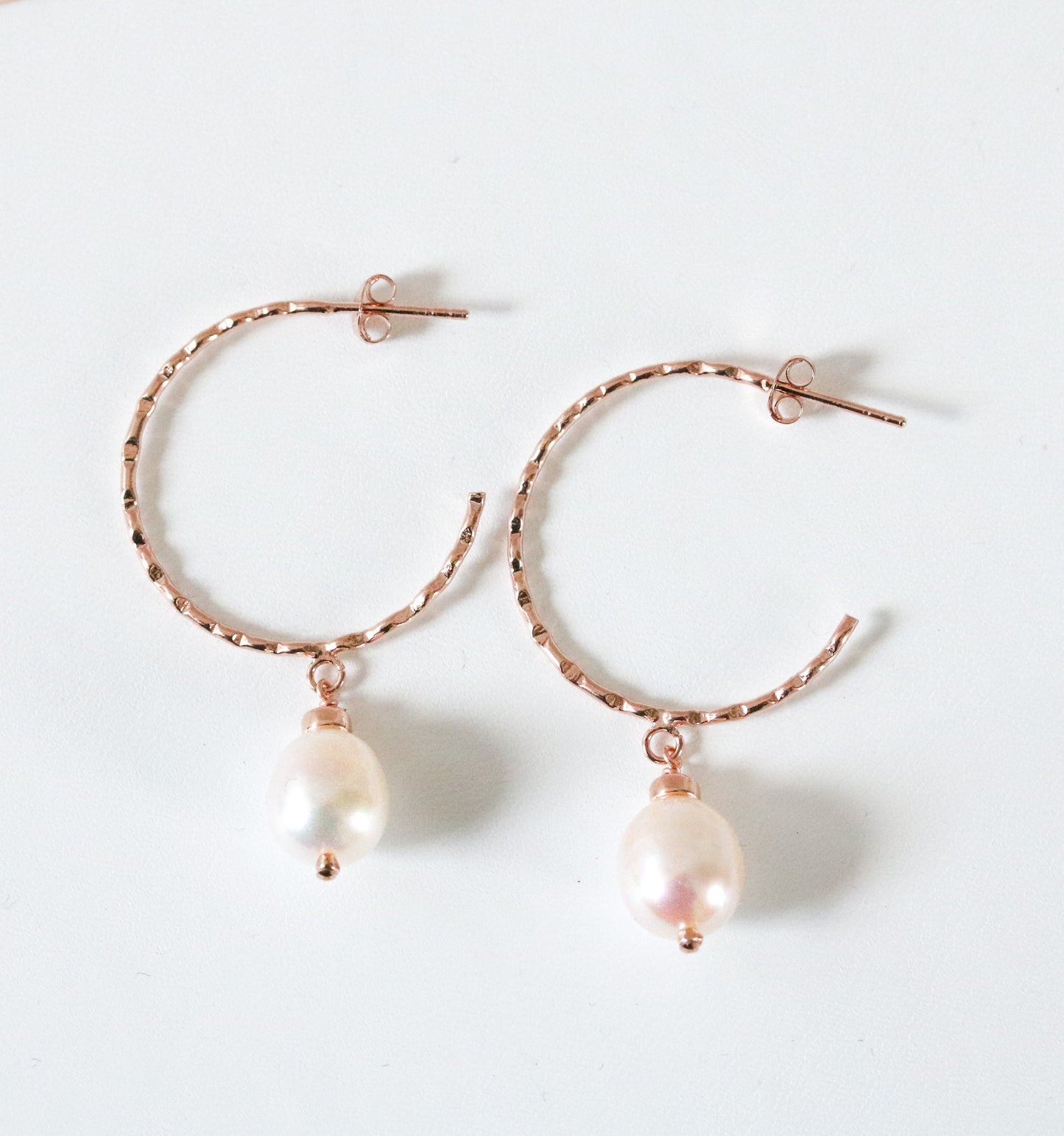 Bridal White Freshwater Pearl Rose Gold Vermeil Hammered Hoop Earrings Wedding Jewellery June Birthstone Gift Idea for Women Bride to Be