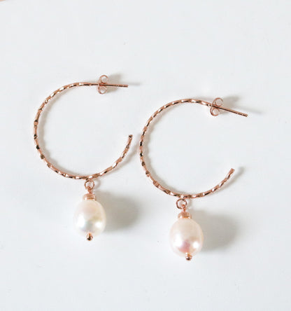 Bridal White Freshwater Pearl Rose Gold Vermeil Hammered Hoop Earrings Wedding Jewellery June Birthstone Gift Idea for Women Bride to Be