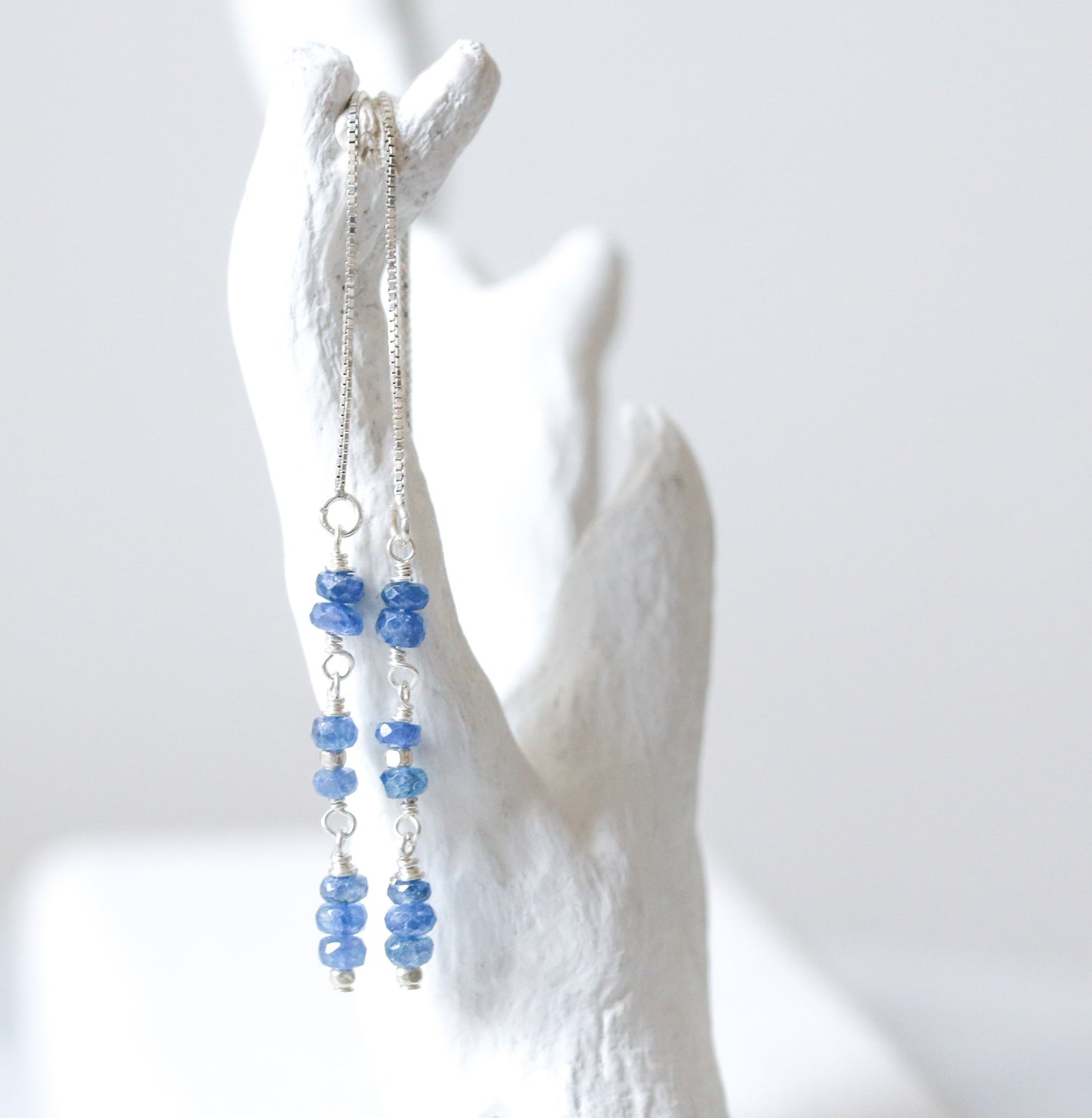 Handmade Sapphire Threader Earrings: Sterling Silver September Birthstone Gift