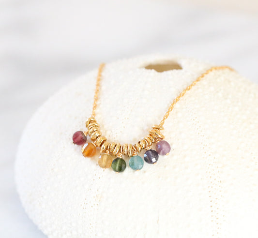 Rainbow Gemstone Mini Coin Necklace: 14k Gold Filled Charm, Handmade in France