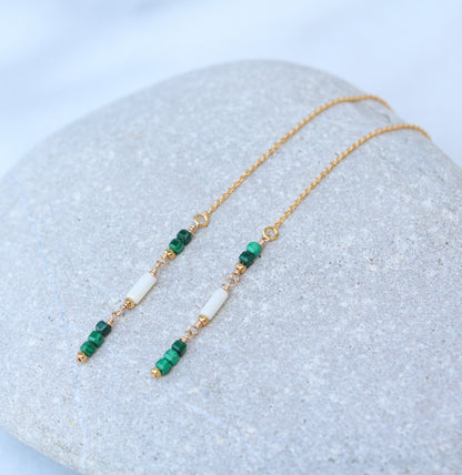 Handmade Malachite & Sea Bamboo Threader Earrings: Gold Fill or Sterling Silver