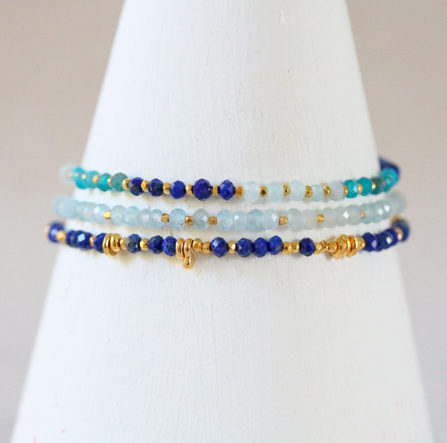 Blue Gemstone Stacking Bracelet Set: Gold Filled Karen Hill Tribe Beads