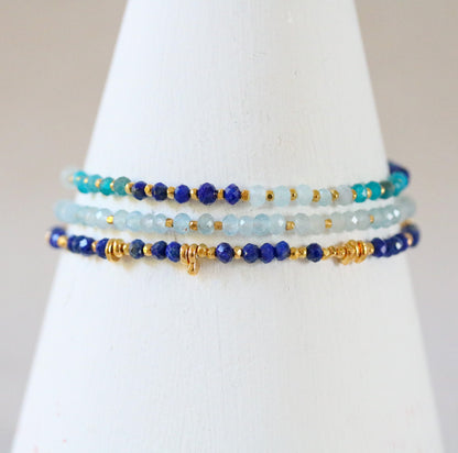 Blue Gemstone Stacking Bracelet Set: Gold Filled Karen Hill Tribe Beads
