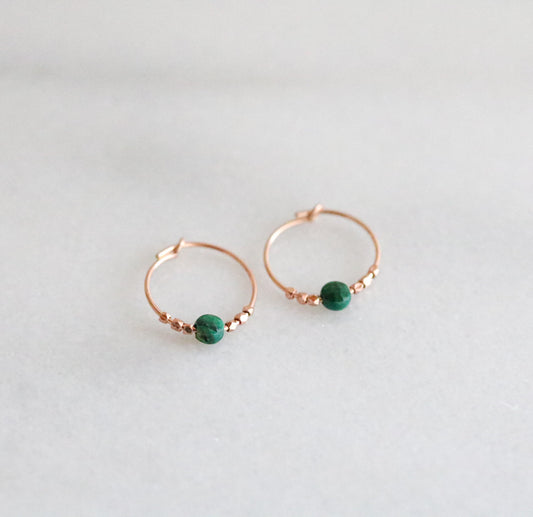Faceted Malachite Rose Gold Hoops: 14k Filled Earrings