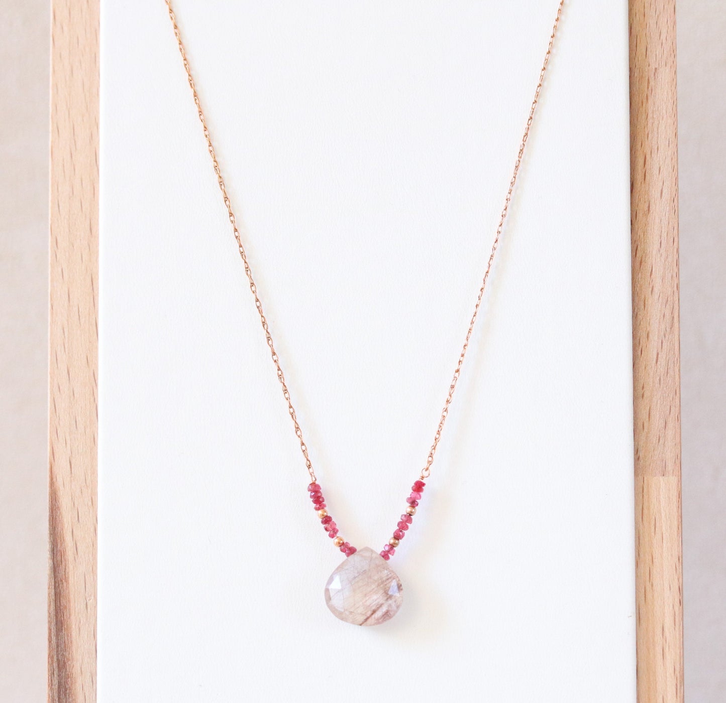Handmade Rose Gold Rutilated Quartz Necklace: Red Spinel & Karen Hill Tribe Beads