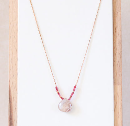 Handmade Rose Gold Rutilated Quartz Necklace: Red Spinel & Karen Hill Tribe Beads