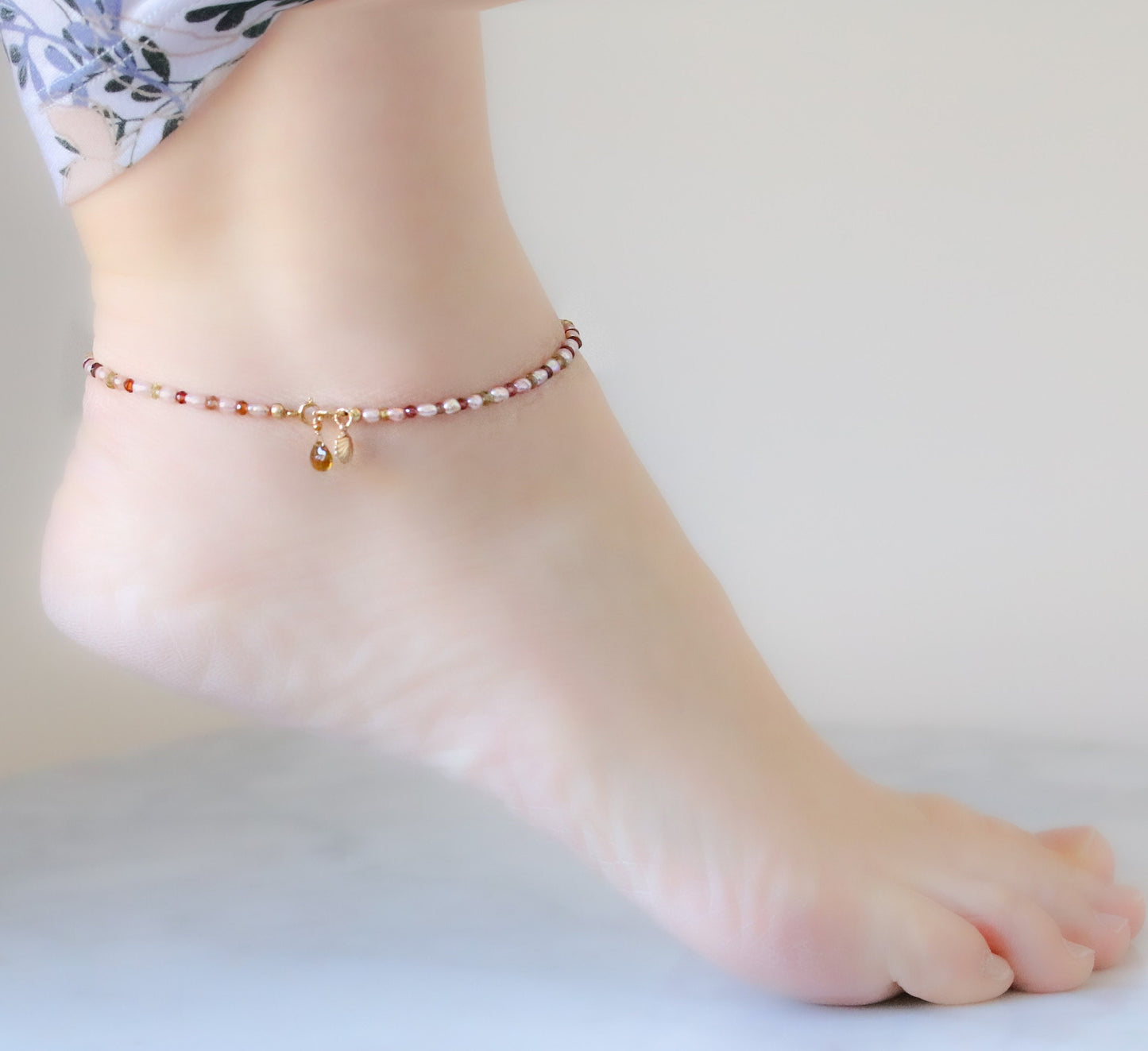 Handmade Pearl Anklet: Faceted Sapphire, Tourmaline, Gold Shell Charm