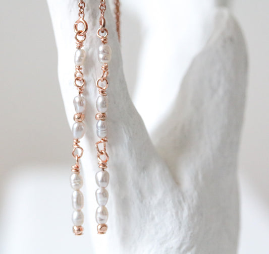 Handmade Freshwater Pearl Threader Earrings: Gold Fill, Rose Gold, or Sterling Silver