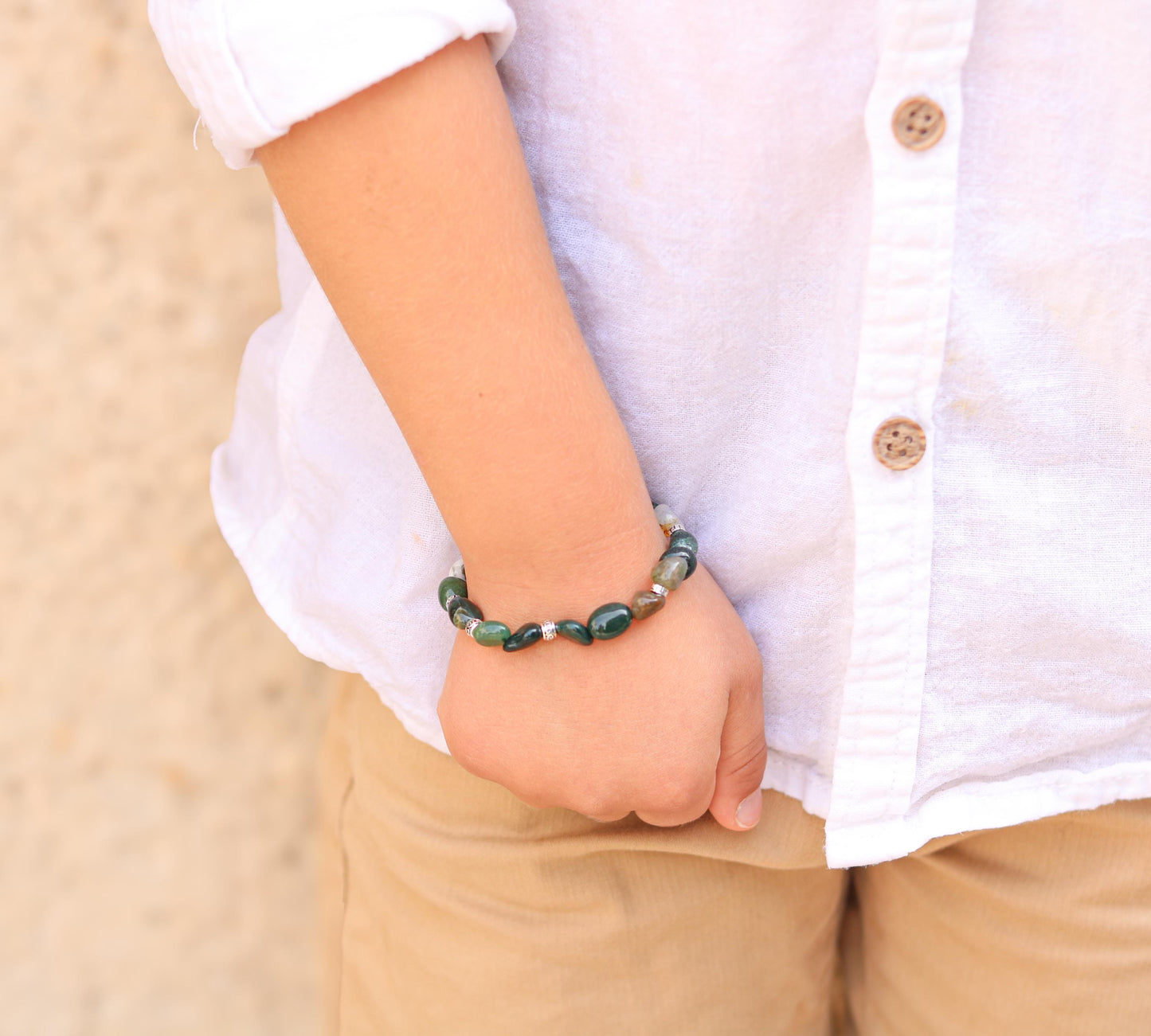 Kids Indian Agate Bracelet: Handmade Silver Accent Stretch Bracelet