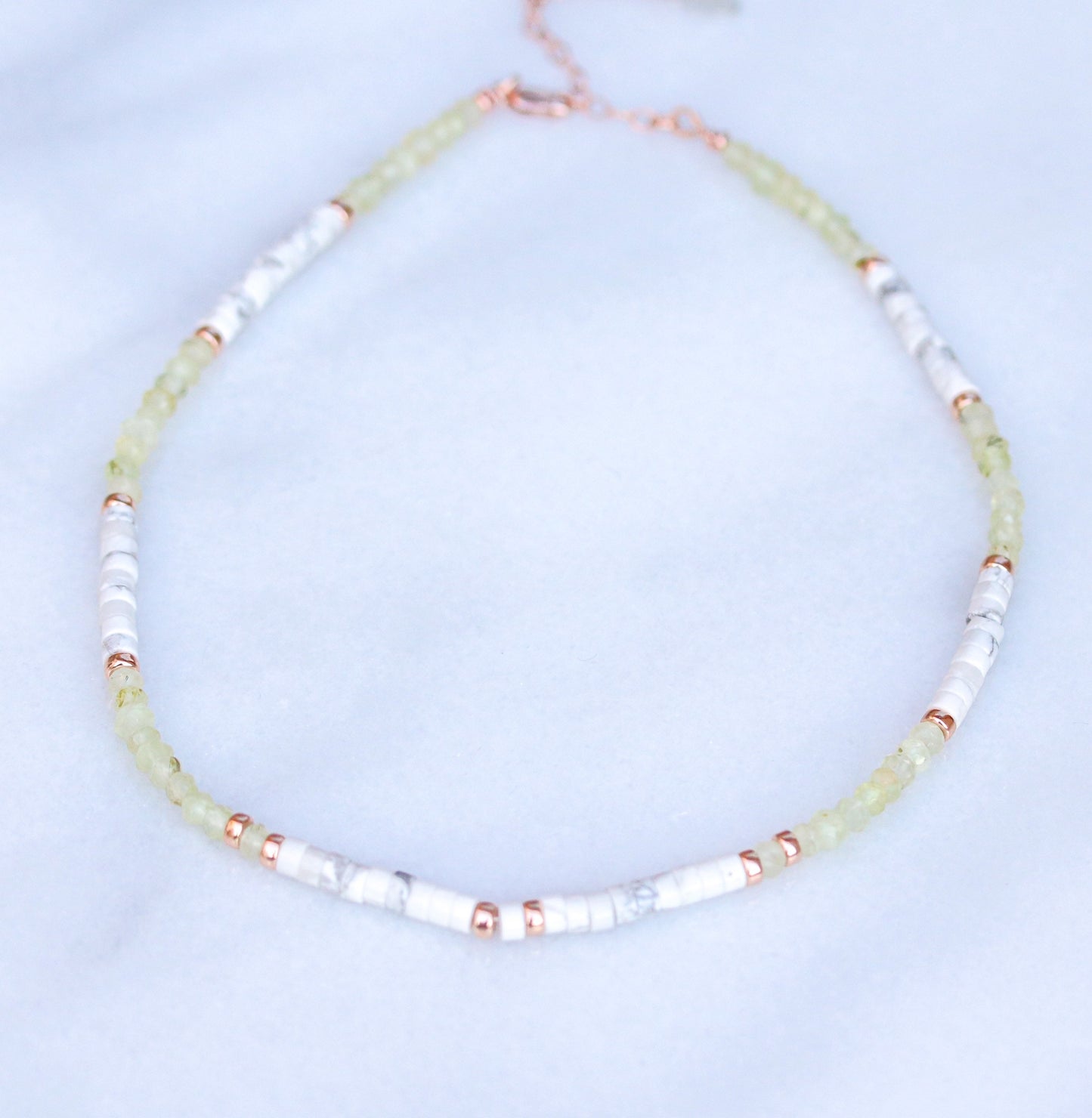 Peridot & Howlite Heishi Choker: Rose Gold Surfer Style Necklace