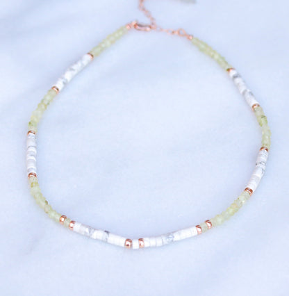 Peridot & Howlite Heishi Choker: Rose Gold Surfer Style Necklace