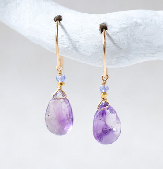Gold Rutilated Quartz & Tanzanite Teardrop Earrings: Modern Minimalist Design