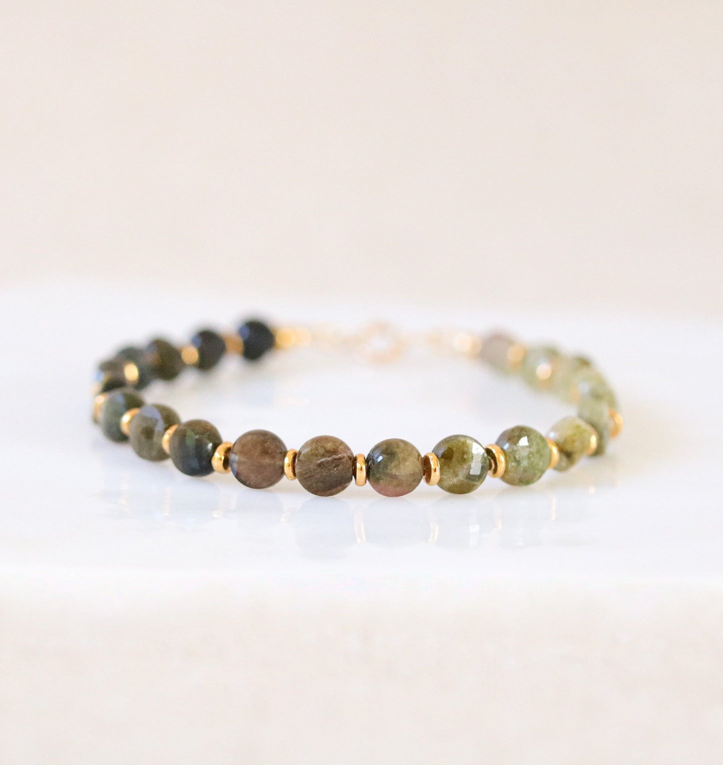 Ombré Green Tourmaline Bracelet: Gold Filled Karen Hill Tribe Beads