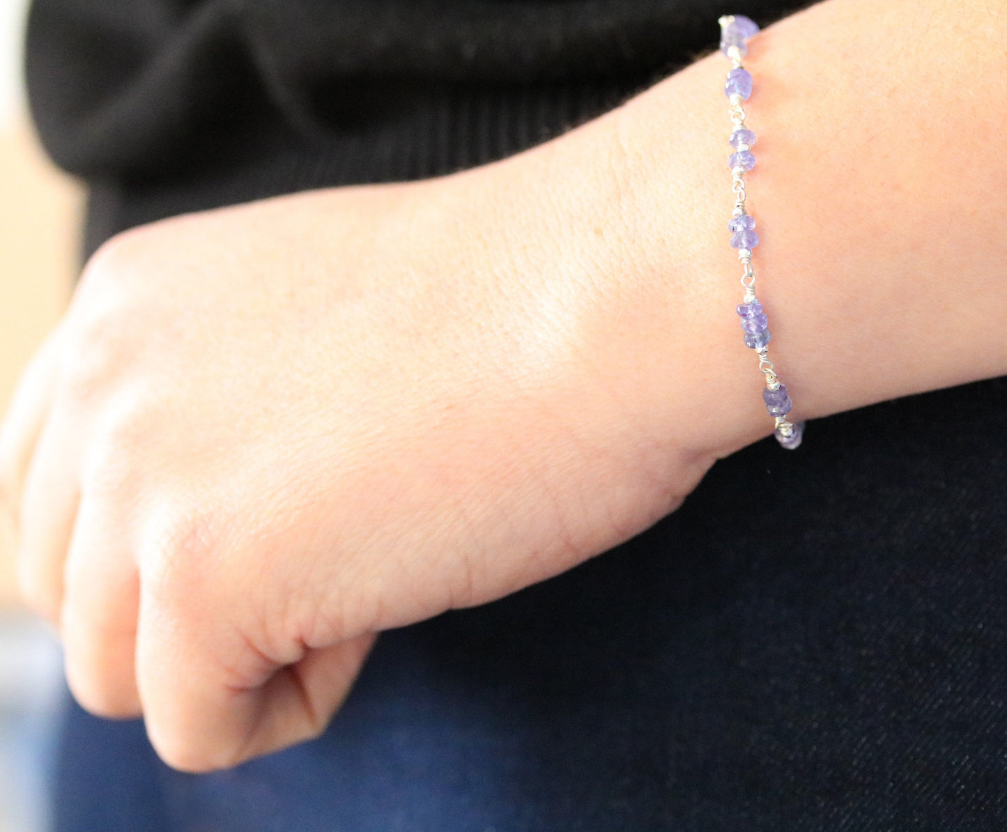 Tanzanite Sterling Silver Bracelet: Dainty Faceted Rondelles, December Birthstone