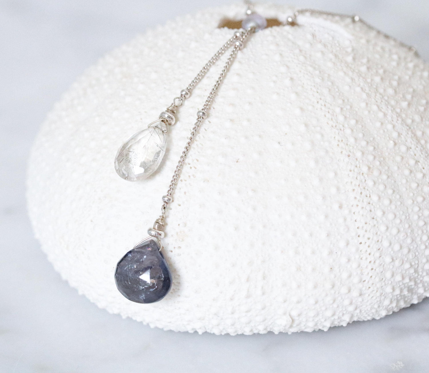Iolite & Quartz Lariat Necklace: Solid Silver Gemstone Jewelry