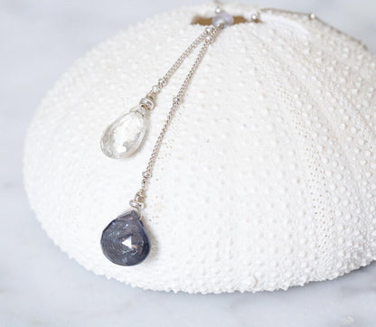 Iolite & Quartz Lariat Necklace: Solid Silver Gemstone Jewelry