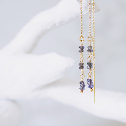 Dainty Iolite Threader Earrings: Gold Fill or Sterling Silver, Handmade in Paris